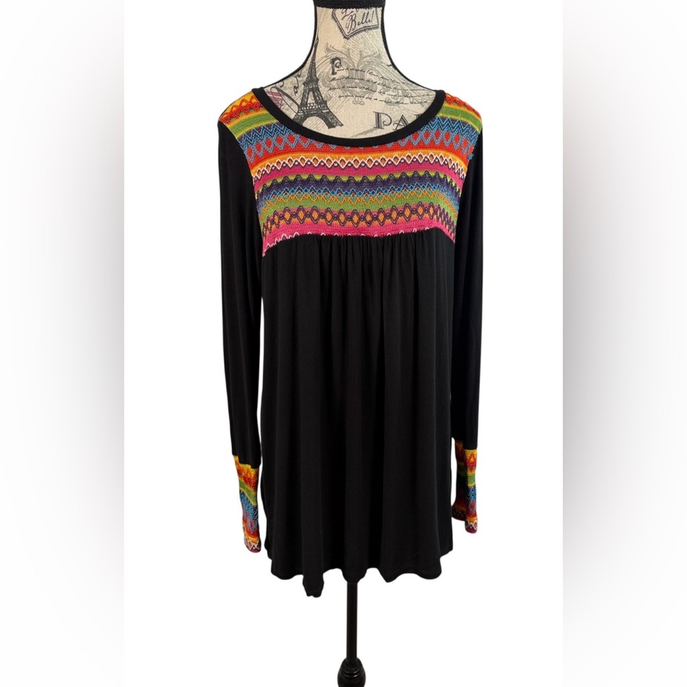 Sun n Moon Black Whimsical Boho Multicolor Yoke and Cuffs Tunic Top Size M